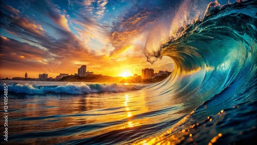 Double Exposure: Ocean Wave Crashing Over Silhouetted Coastal Cityscape at Sunset