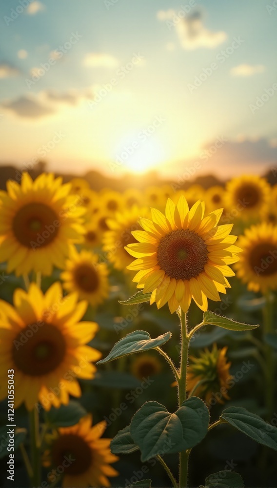 Obraz premium Golden sunlight bathing a vibrant sunflower field at sunset