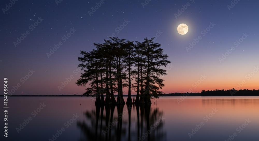 Tranquil moonlit evening with silhouetted trees on a calm lake Tranquil moonlit evening with silhouetted trees on a calm lake