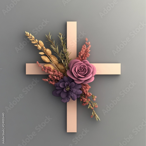 Beautiful cross adorned with flowers and greenery photo