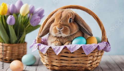 little lop-eared rabbit is the symbol of Easter. Rabbit in a basket with coloured Easter eggs. Easter banner, Easter wallpaper. Easter card.