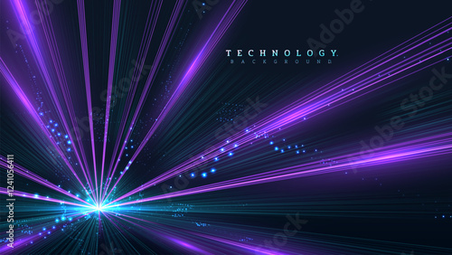 Blue and purple glowing line effect rushing into the center with constellations, universe background design concept, futuristic technology backdrop.
