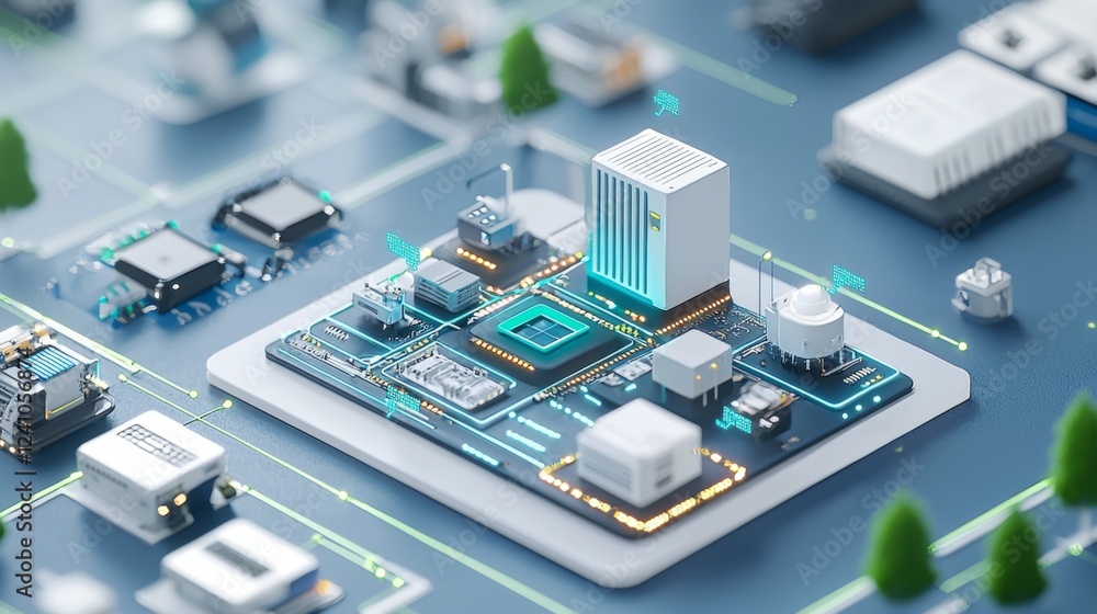 Miniature urban landscape with data center and smart technology concept in isometric view showcasing connectivity and innovation Miniature urban landscape with data center and smart technology concept in isometric view showcasing connectivity and innovation
