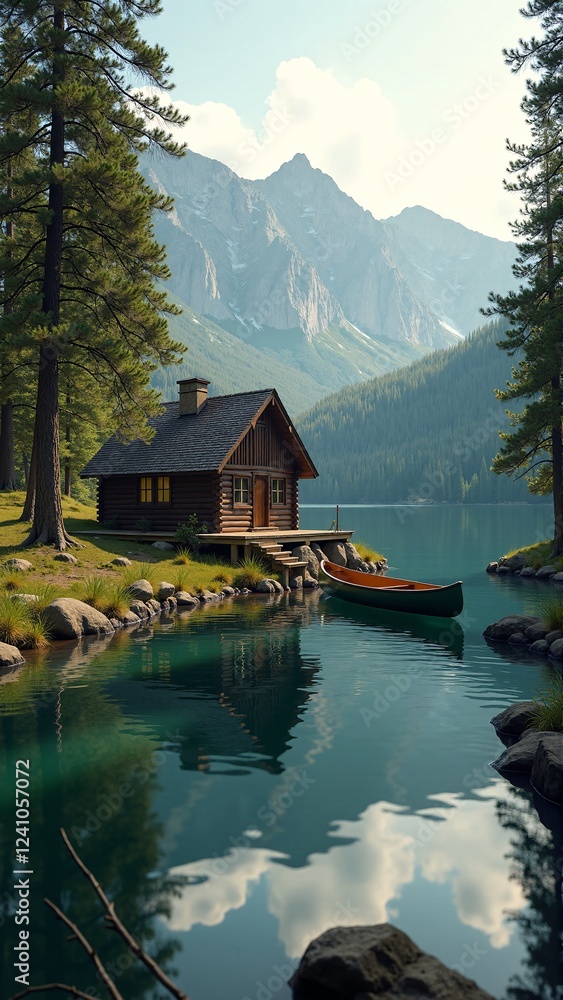 Obraz premium Tranquil lakeside cabin by mountain peaks with canoe at sunrise