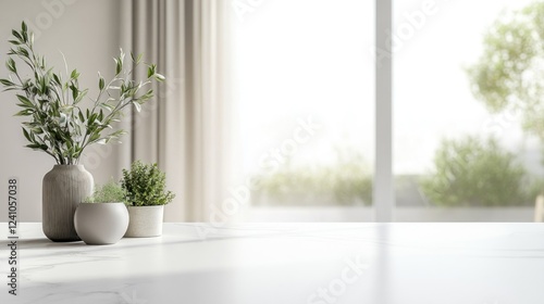 Refined matte white surface with plants on a table near a window with soft corner vignette