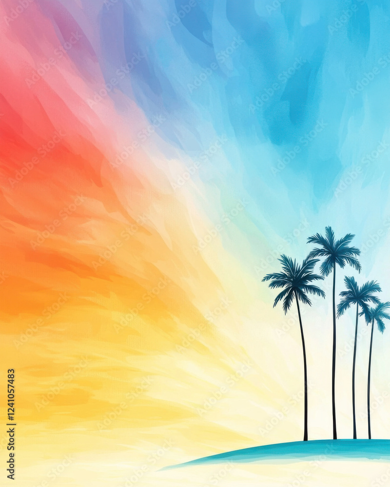 Fototapeta premium Silhouette of palm trees against vibrant sunset sky with colorful hues