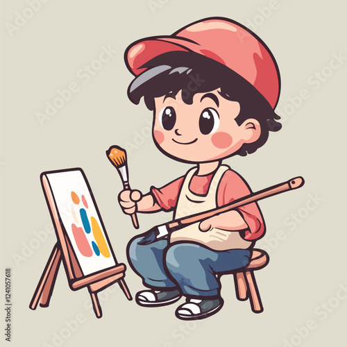 A cute boy paint in artboard smiling face vector illustration 