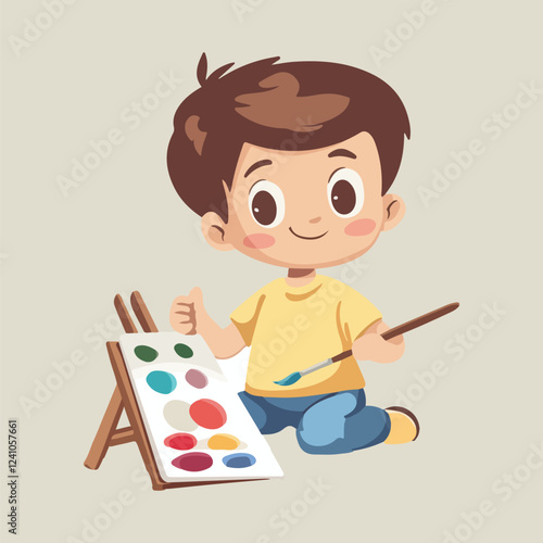 A cute boy paint in artboard smiling face vector illustration 