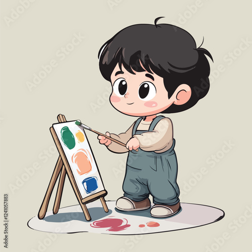A cute boy paint in artboard smiling face vector illustration 
