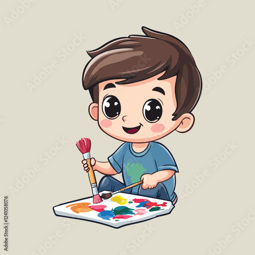 A cute boy paint in artboard smiling face vector illustration 