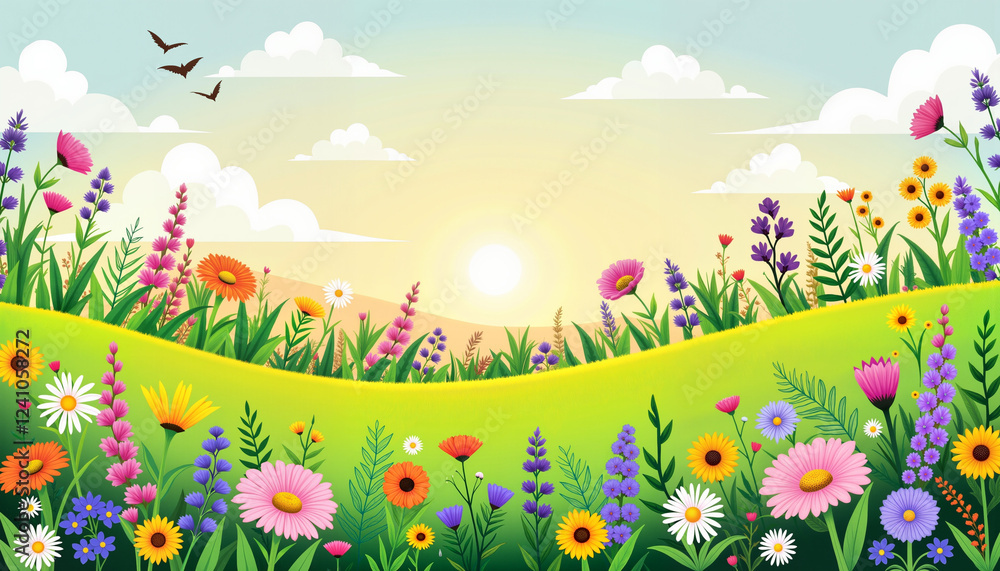 Fototapeta premium Vibrant wildflowers blooming in lush meadow at sunrise, biodiversity