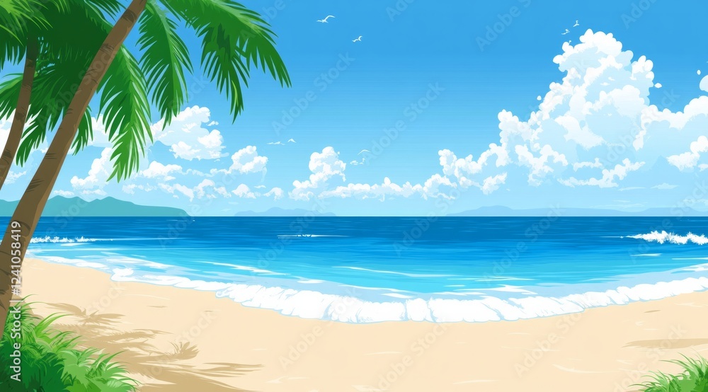 Tranquil tropical beach with palm trees and clear blue ocean waves Tranquil tropical beach with palm trees and clear blue ocean waves