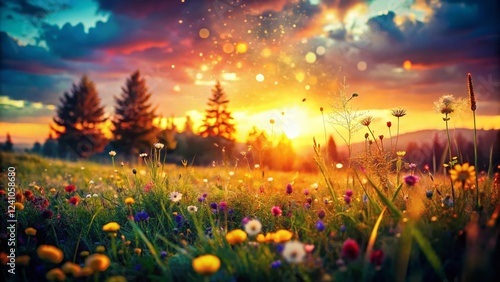 Dreamy Spring Meadow Sunset: Abstract Double Exposure Bokeh Background