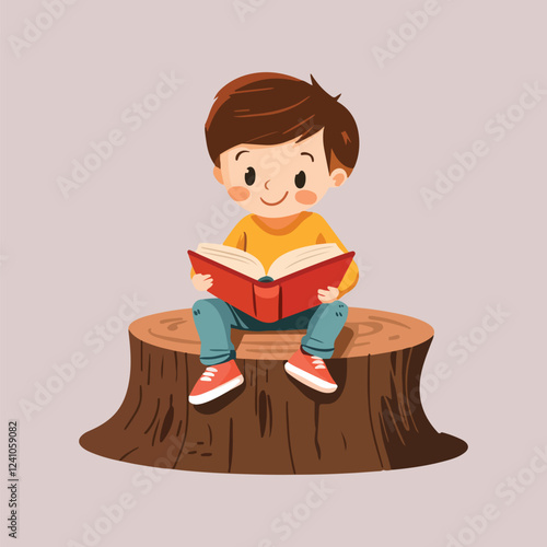 A cute boy sitting tree reading a book vector illustration 