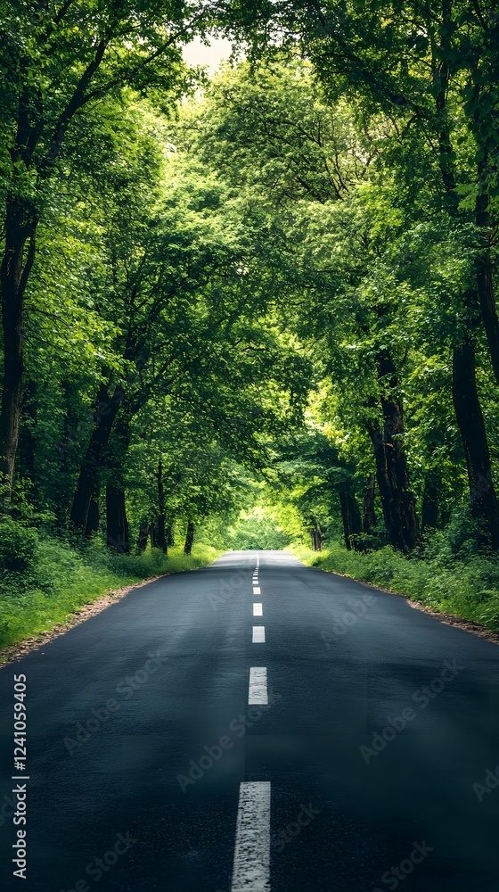 Obraz premium A straight road flanked by tall trees, leading to the horizon in bright daylight 