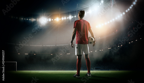 Soccer player with ball in the stadium, 3d rendering.