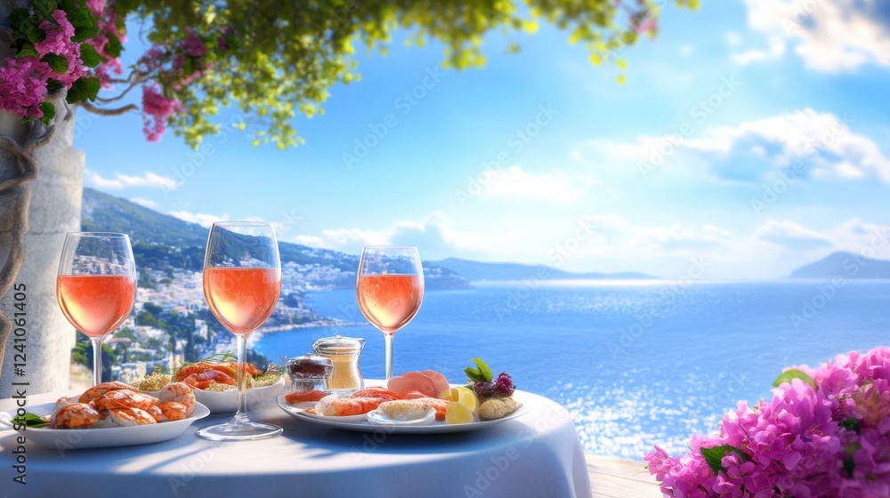 Fototapeta premium Serene Outdoor Dining with Scenic View and Refreshing Beverages