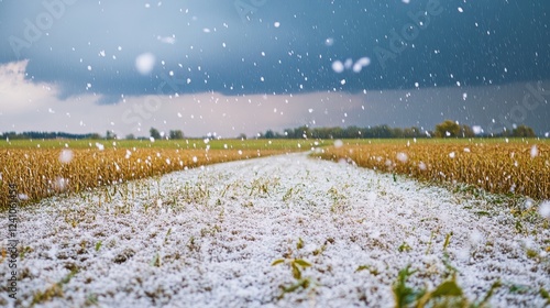 hailstorm over a field with gray clouds in the sky, hailstones scattered on the ground