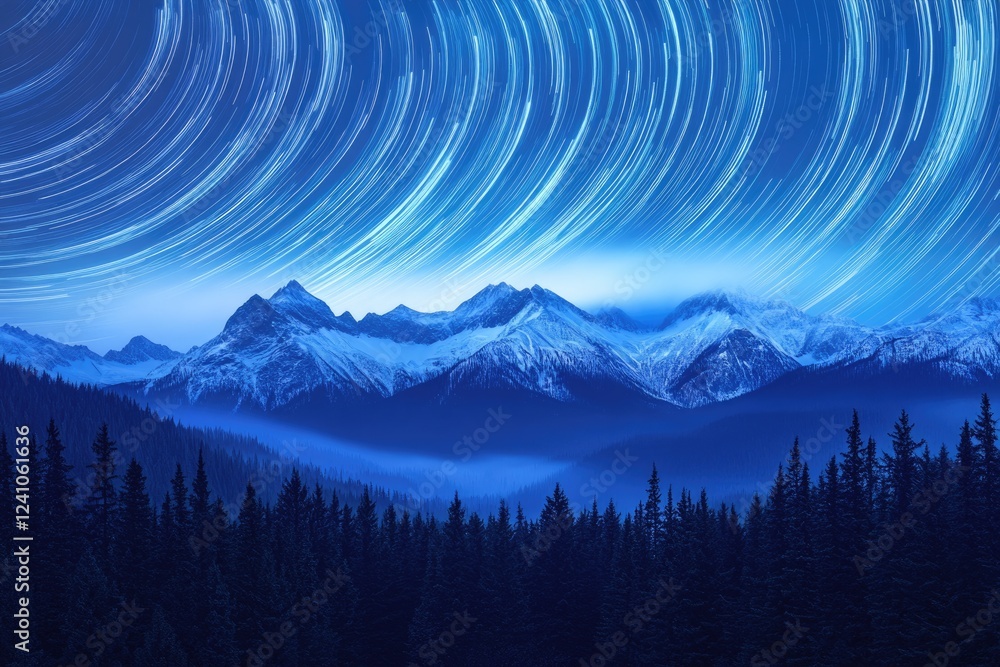 Obraz premium Star trails arc over a snow-capped mountain range and dark evergreen forest at night.