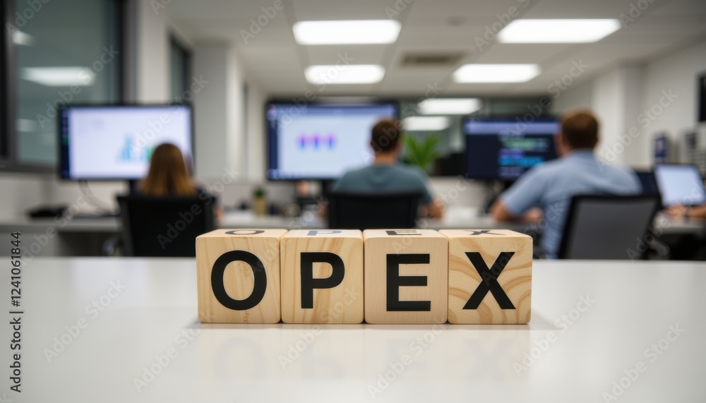 Obraz premium Office productivity scene with opex wooden blocks in modern workspace with copy space