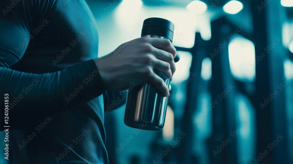 Male Model Hydrating with Water Bottle During Strength Training Workout in Gym Environment Male Model Hydrating with Water Bottle During Strength Training Workout in Gym Environment