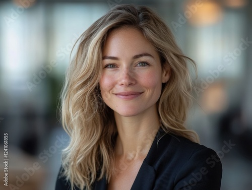 Free Download full body shot of smiling of Austrian businesswoman with blurred office background. - GFXLoad