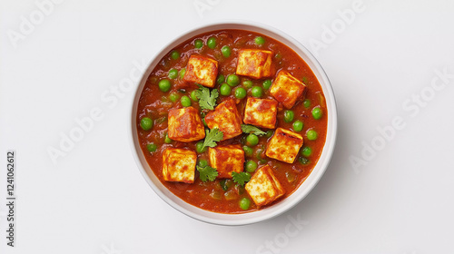 Top view  of matar paneer gravy in bowl isolated on white background  photo