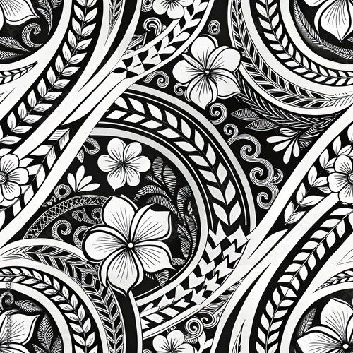 Seamless Polynesian tattoo pattern with flowers, leaves, and turtle