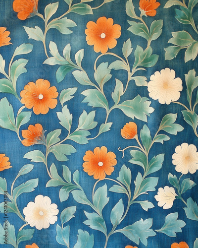 Vibrant floral pattern with orange and white flowers on blue background