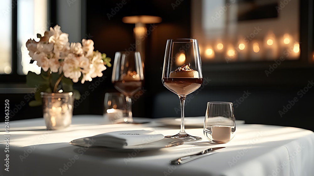 Romantic restaurant dessert, candlelight, wine, floral Romantic restaurant dessert, candlelight, wine, floral