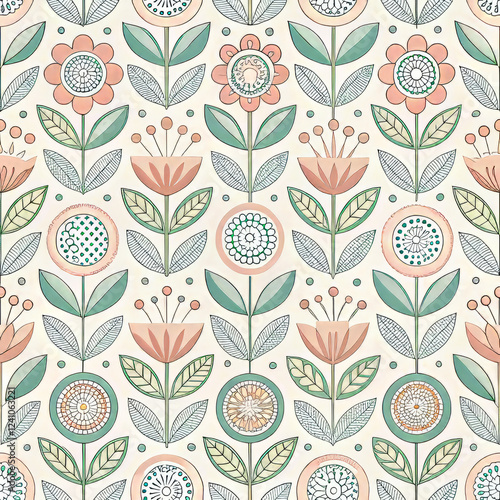 Seamless Scandinavian folk pattern with flowers and leaves