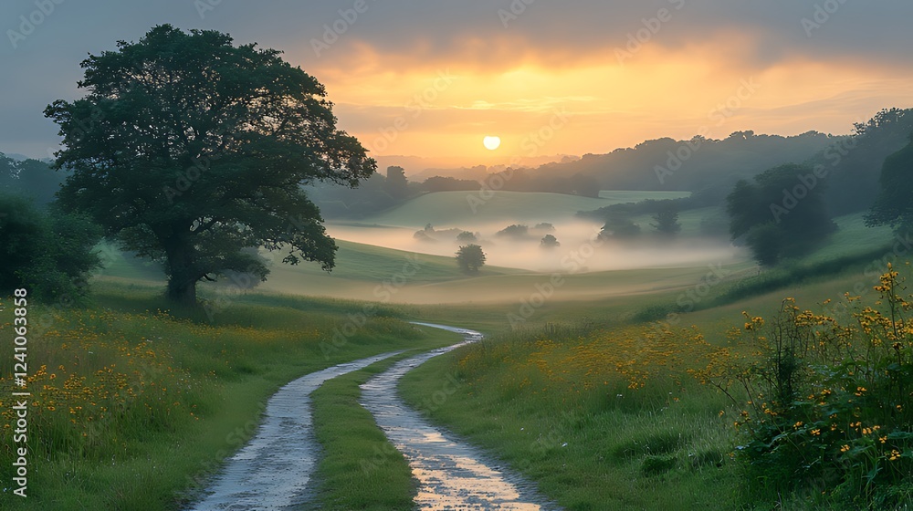Sunrise mist, rural lane, rolling hills, idyllic scene Sunrise mist, rural lane, rolling hills, idyllic scene