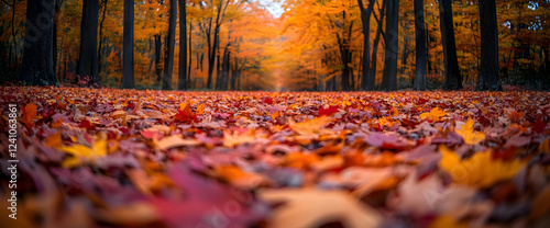 Autumn Forest Path Covered in Red Orange Yellow Maple Leaves