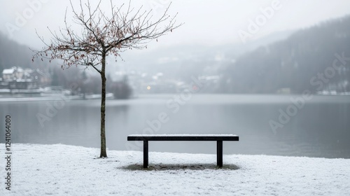 Wallpaper Mural Snowy lake bench, winter landscape, serene scene, calm Torontodigital.ca