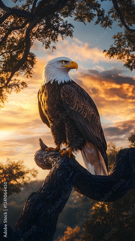 Fototapeta premium A majestic bald eagle perched on the branch of an ancient tree, with its feathers shimmering in vibrant hues under the golden sunset sky 