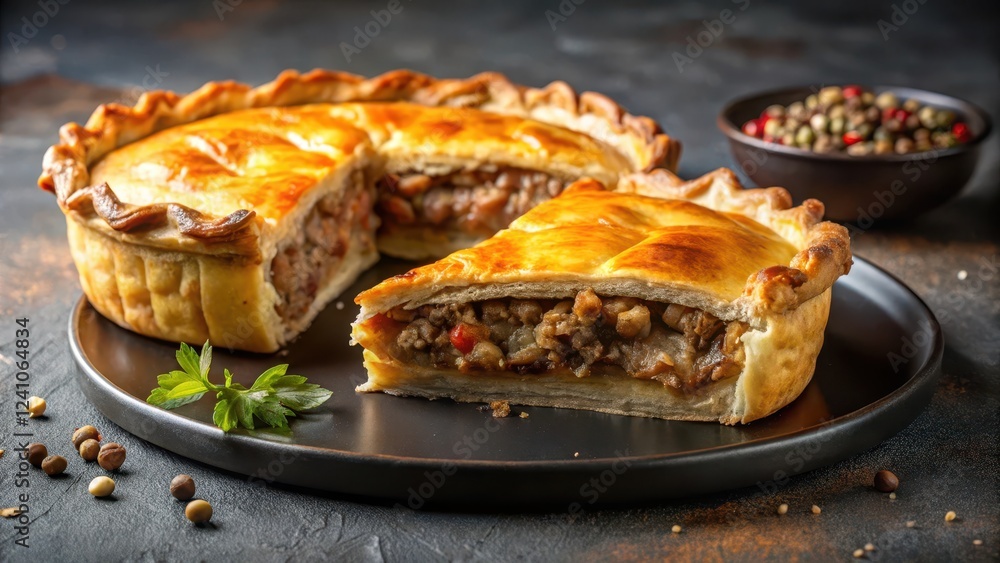 Pie with Sliced Meat and Ground Beef on Dark Plate, home cooked meal, flaky pastry, home cooked meal Pie with Sliced Meat and Ground Beef on Dark Plate, home cooked meal, flaky pastry, home cooked meal