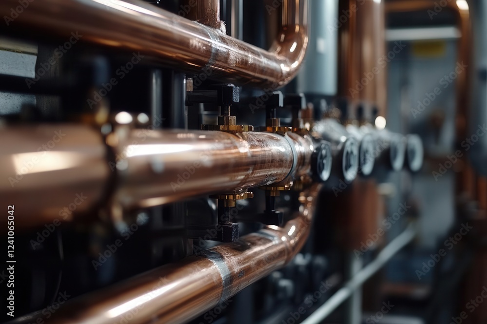 Naklejka premium copper pipelines of a heating system in a boiler room, showcasing plumbing service work with a focus on industrial elements and practical utility
