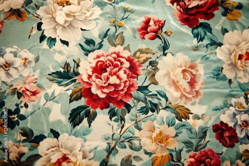 Vibrant floral fabric with red and white blooms.