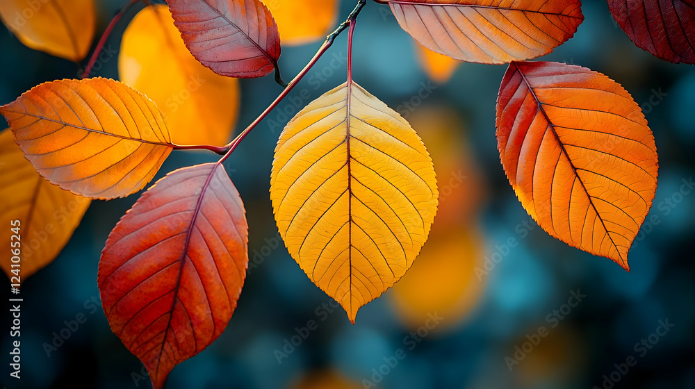 Autumn Leaves Close-Up: Red And Orange Foliage On Branch Autumn Leaves Close-Up: Red And Orange Foliage On Branch