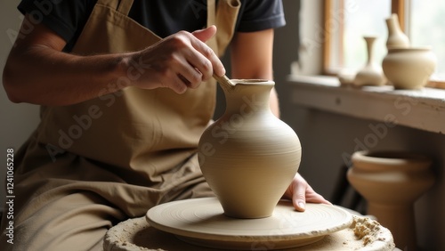 A skilled ceramic artist shaping clay on a pottery wheel in a sunlit workshop, creating a beautiful vase