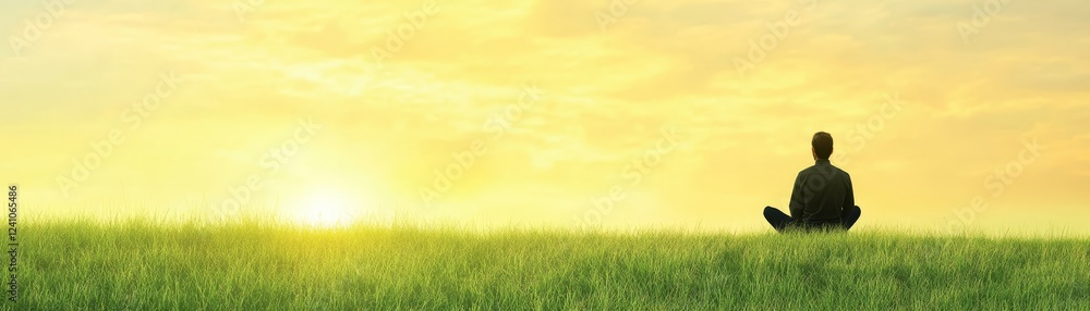 Serene sunset meditation person finds peace in nature golden embrace person