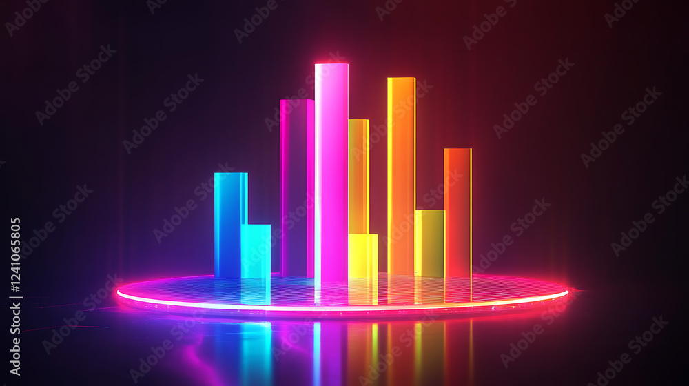 Fototapeta premium A vibrant, colorful audio visualization with neon bars glowing against a dark background, representing sound waves and music dynamics.