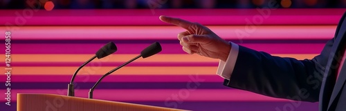 A politician gestures emphatically while speaking at a podium with two microphones photo