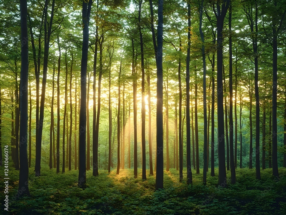 Fototapeta premium A serene forest scene showcasing tall trees bathed in soft morning light, with sunlight filtering through the vibrant green leaves, creating a peaceful, ethereal atmosphere.