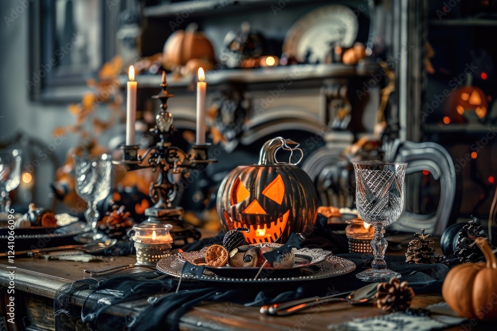 Fototapeta premium Eerie Halloween Dinner Table with Skull, Pumpkins, and Candles
