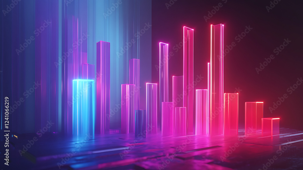 A vibrant, abstract visualization featuring glowing bars in pink and blue, suggesting data trends or sound waves in a futuristic setting.