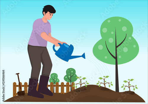 Illustration of a young man standing in the garden watering plants that he just planted again