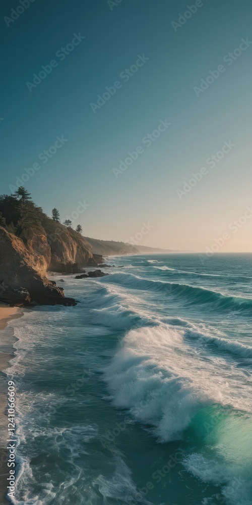Fototapeta premium Turquoise ocean waves lapping the shoreline evening landscape seascape sea panorama