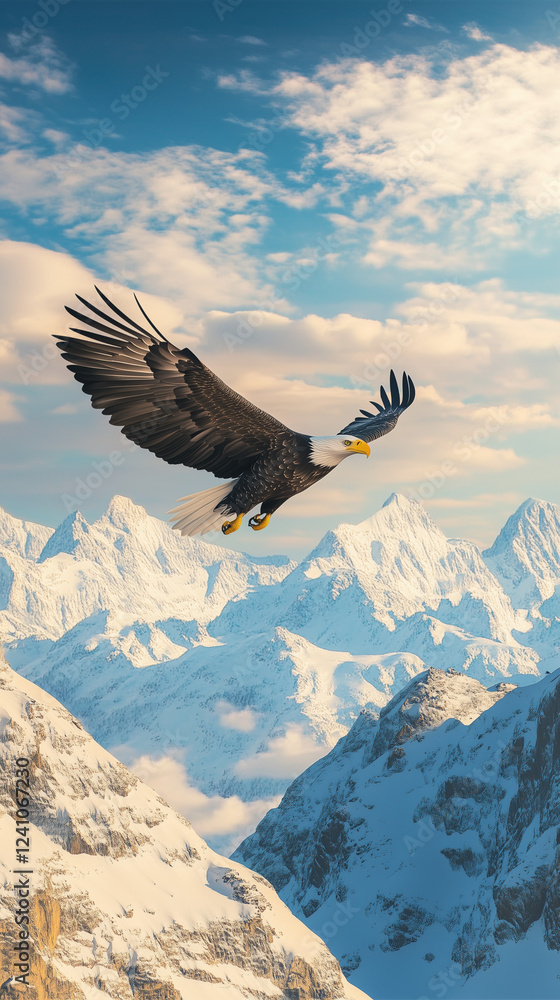 Fototapeta premium Eagle in Flight Over Snowy Peaks at Sunset