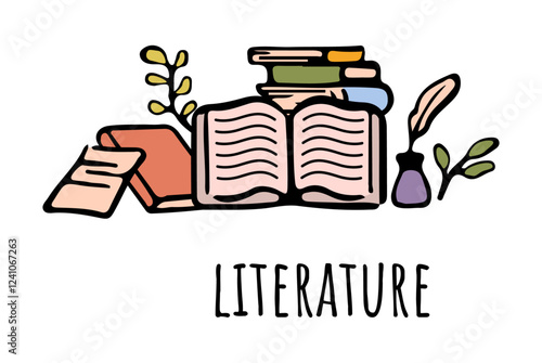 Literature education in school, college or university. Vector flat cartoon icons for students curriculum. Books and fiction reading, novels and writing activities. Literacy and love for texts